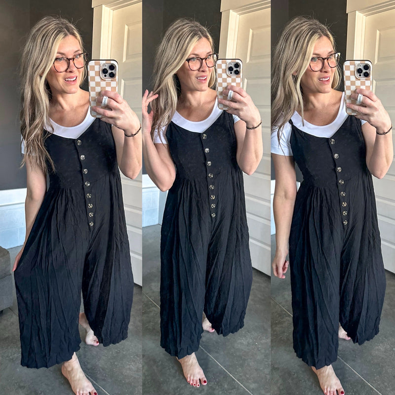 Dressy Button Down Jumpsuit In Classic Black - Maple Row Boutique 
