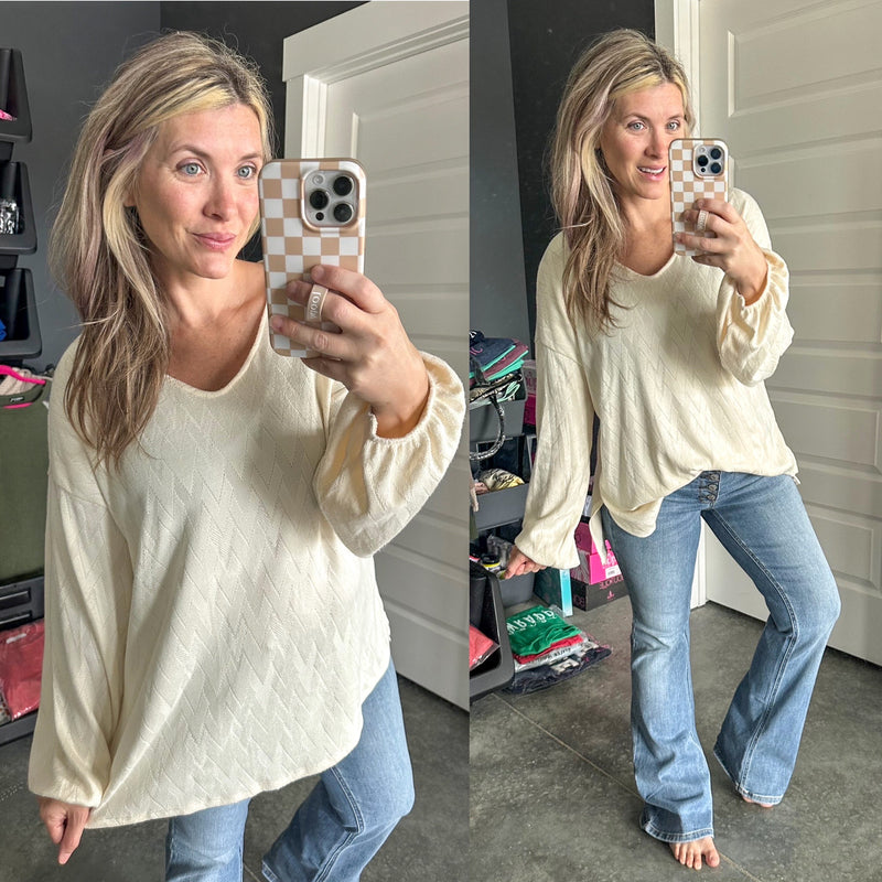 Ultra Soft Herringbone Detail Knit Top In French Vanilla - Maple Row Boutique 