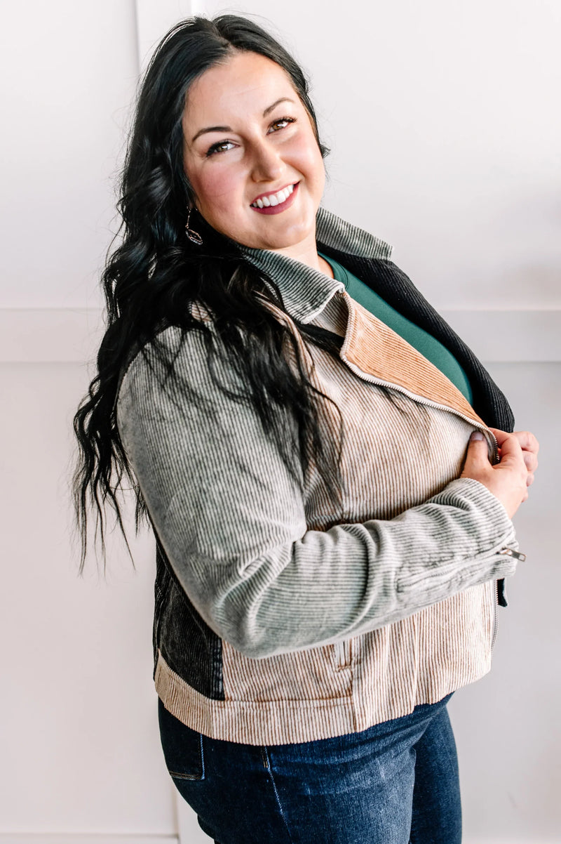 Corduroy Moto Jacket in Grey, Olive, Camel & Black - Maple Row Boutique 