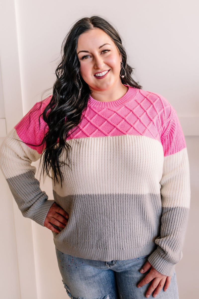 Colorblocked Woven Sweater in Pink, Gray & Ivory - Maple Row Boutique 
