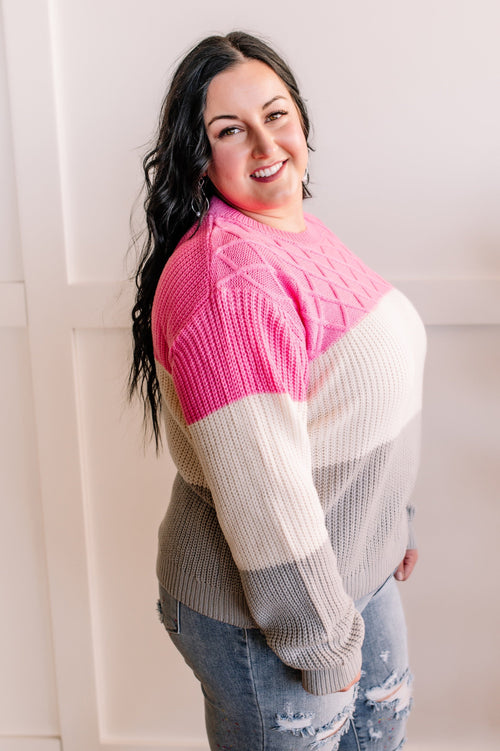 Colorblocked Woven Sweater in Pink, Gray & Ivory - Maple Row Boutique 