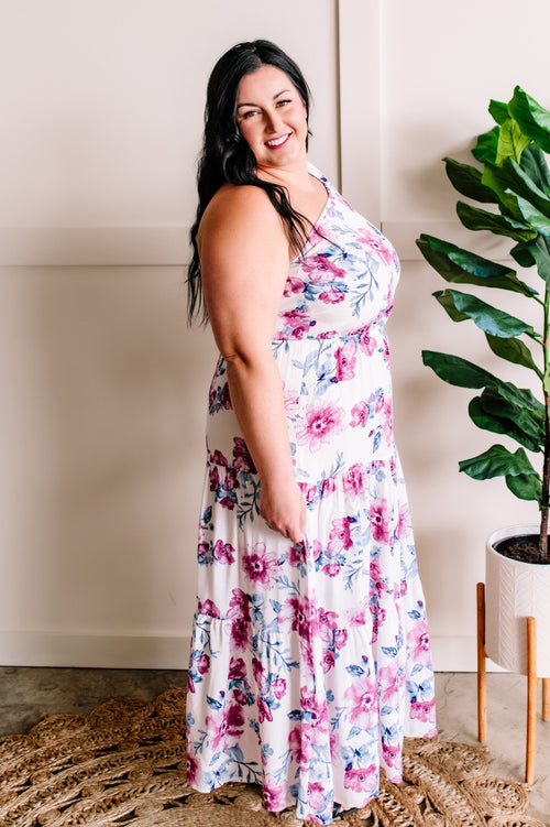 Ribbon Tie Tiered Dress in Purple Florals