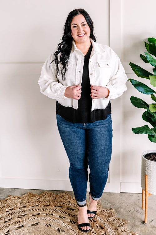 Springing Ahead Corduroy Jacket With Raw Hem In White - Maple Row Boutique 