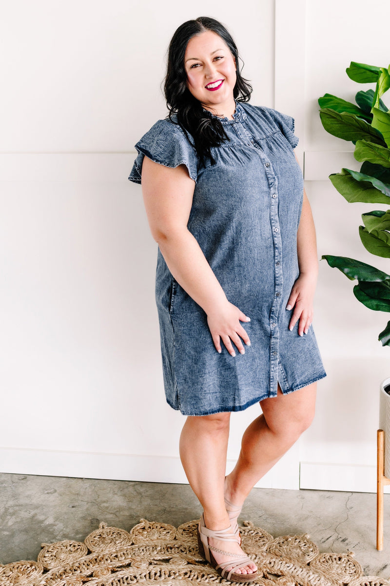 Button Down Dress In Washed Denim - Maple Row Boutique 