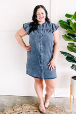Button Down Dress In Washed Denim - Maple Row Boutique 