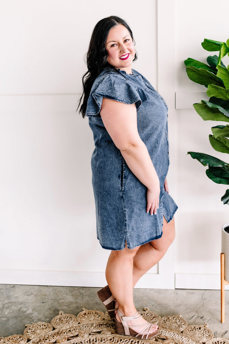 Button Down Dress In Washed Denim - Maple Row Boutique 