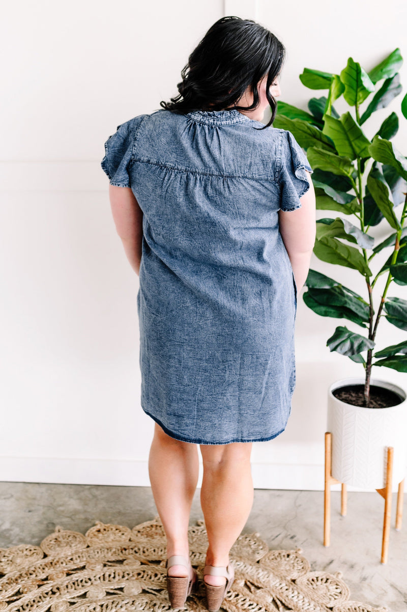 Button Down Dress In Washed Denim - Maple Row Boutique 