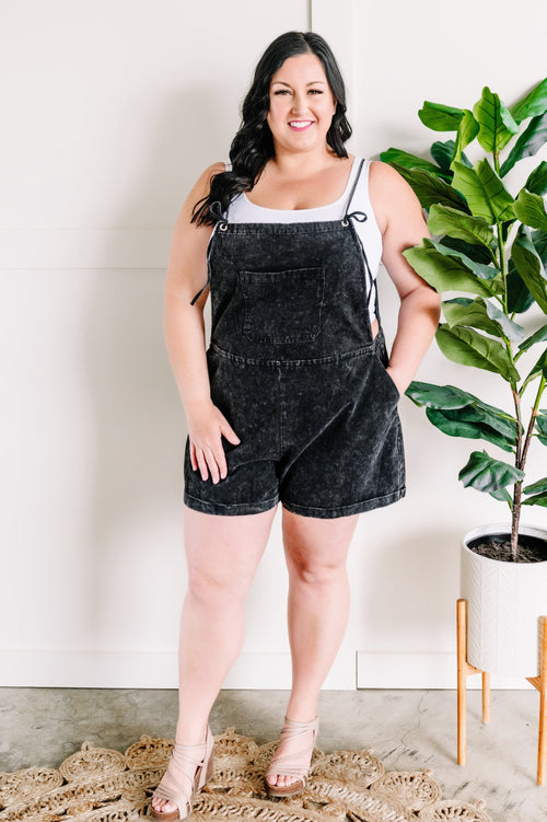 Tie Shoulder Overalls In Washed Black - Maple Row Boutique 