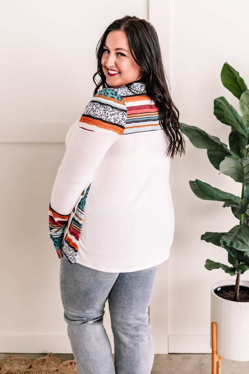 Side Button Detailed Top In White Multi Pattern - Maple Row Boutique 