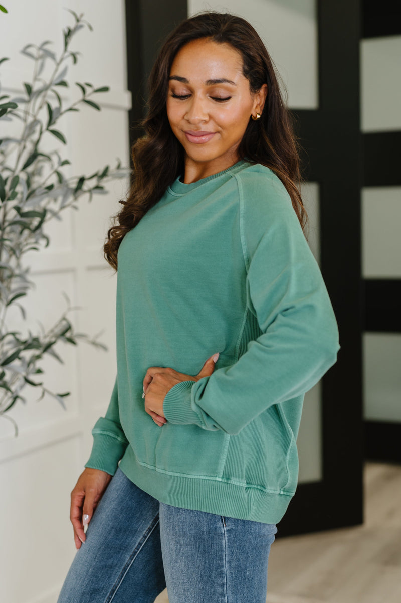 Daily Ease Mineral Wash Pullover in Dark Green - Maple Row Boutique