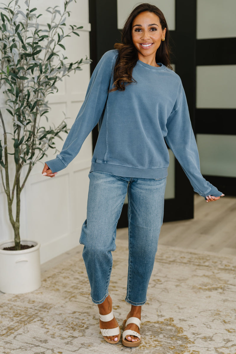 Daily Ease Mineral Wash Pullover in Dusty Blue - Maple Row Boutique
