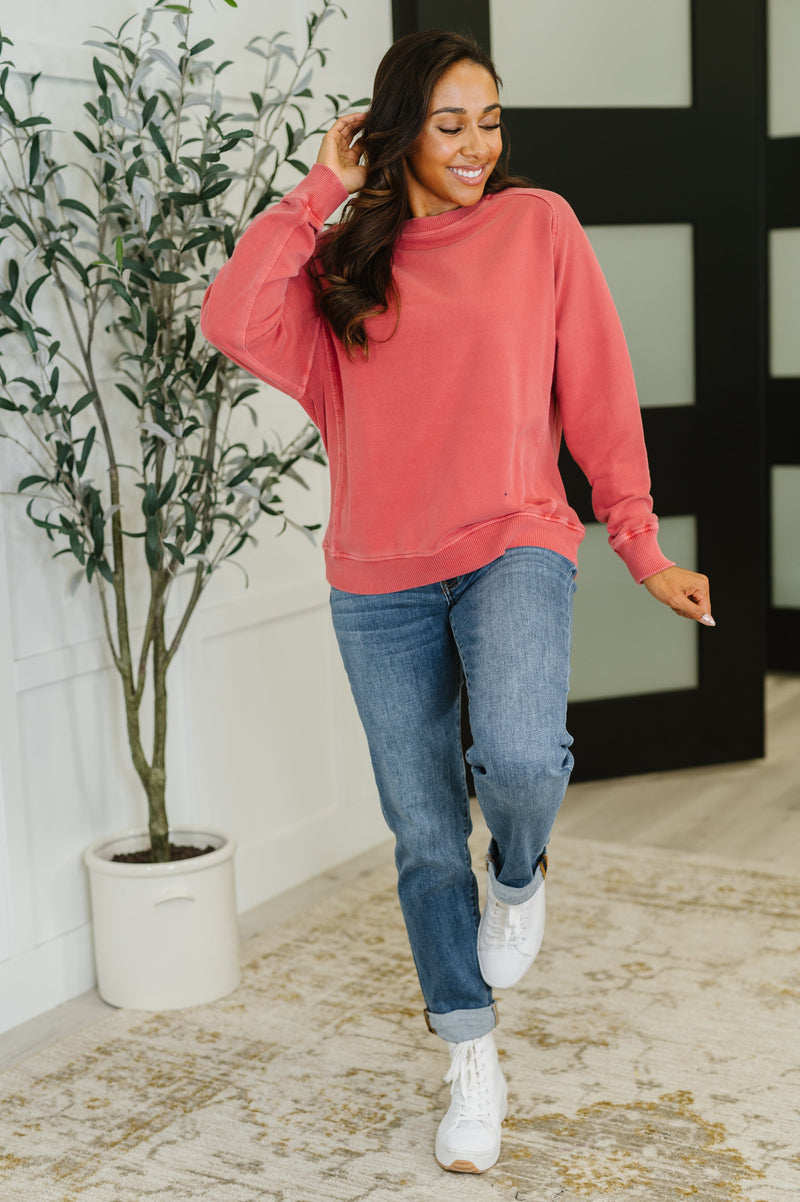 Daily Ease Mineral Wash Pullover in Ruby - Maple Row Boutique