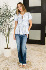 Dainty Lil' Thing Balloon Sleeve Blouse in Ivory/Blue - Maple Row Boutique
