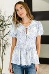 Dainty Lil' Thing Balloon Sleeve Blouse in Ivory/Blue - Maple Row Boutique