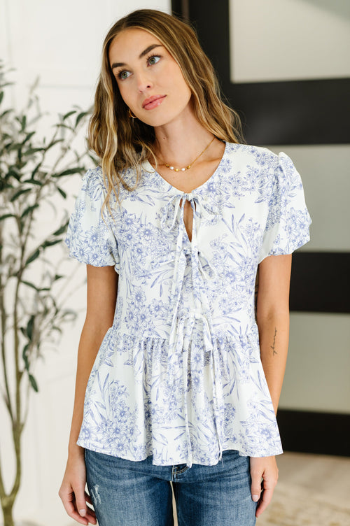 Dainty Lil' Thing Balloon Sleeve Blouse in Ivory/Blue - Maple Row Boutique