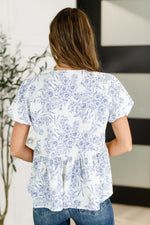 Dainty Lil' Thing Balloon Sleeve Blouse in Ivory/Blue - Maple Row Boutique