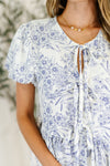Dainty Lil' Thing Balloon Sleeve Blouse in Ivory/Blue - Maple Row Boutique