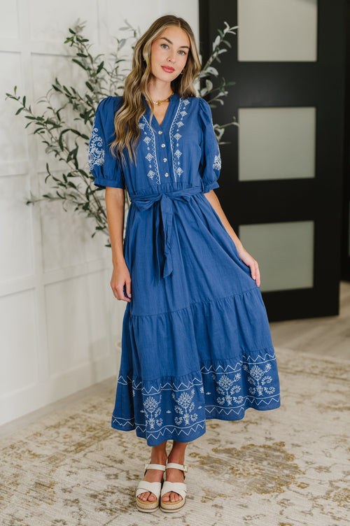 Delicate Devotion Puff Sleeve Dress in Blue - Maple Row Boutique