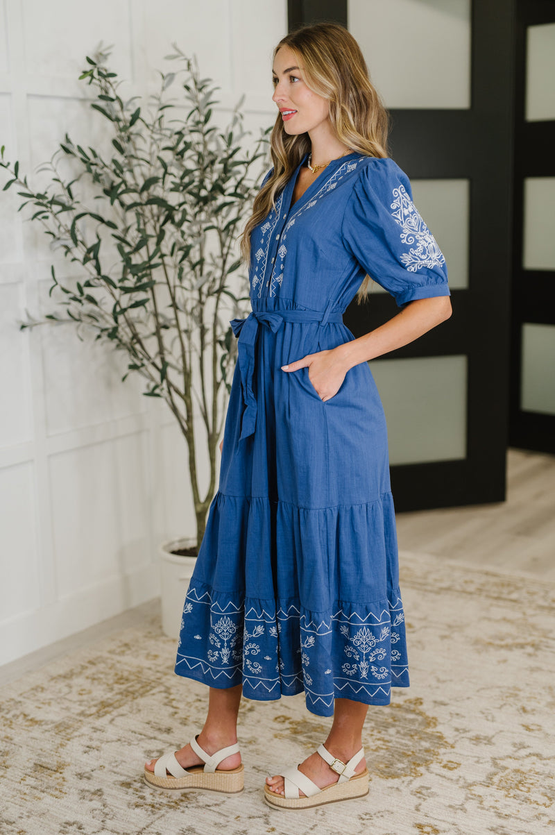 Delicate Devotion Puff Sleeve Dress in Blue - Maple Row Boutique