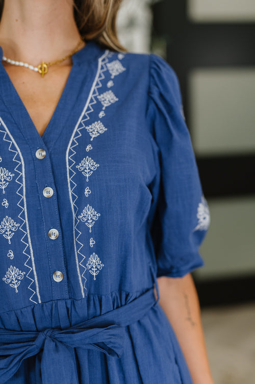 Delicate Devotion Puff Sleeve Dress in Blue - Maple Row Boutique