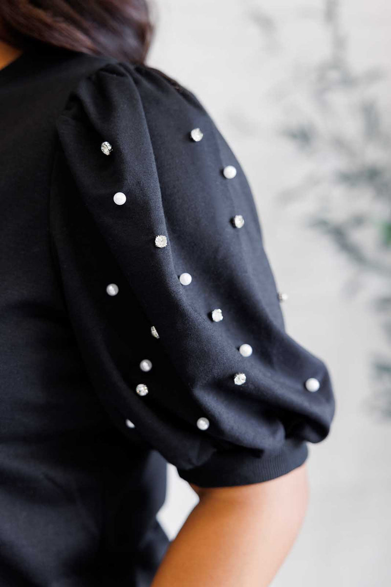 Diamonds and Pearls Puff Sleeve Top in Black - Maple Row Boutique 