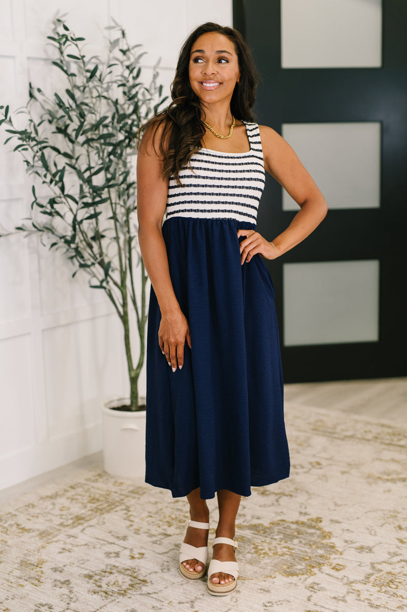 Dockside Darling Midi Dress in Navy - Maple Row Boutique