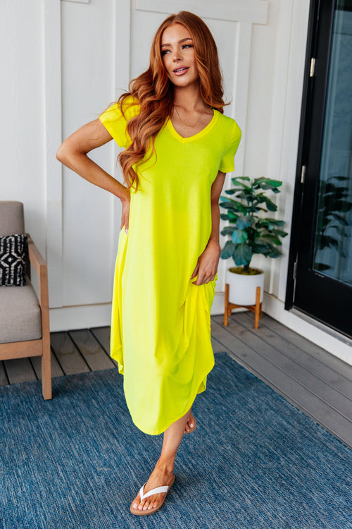 Dolman Sleeve Maxi Dress in Neon Yellow - Maple Row Boutique 