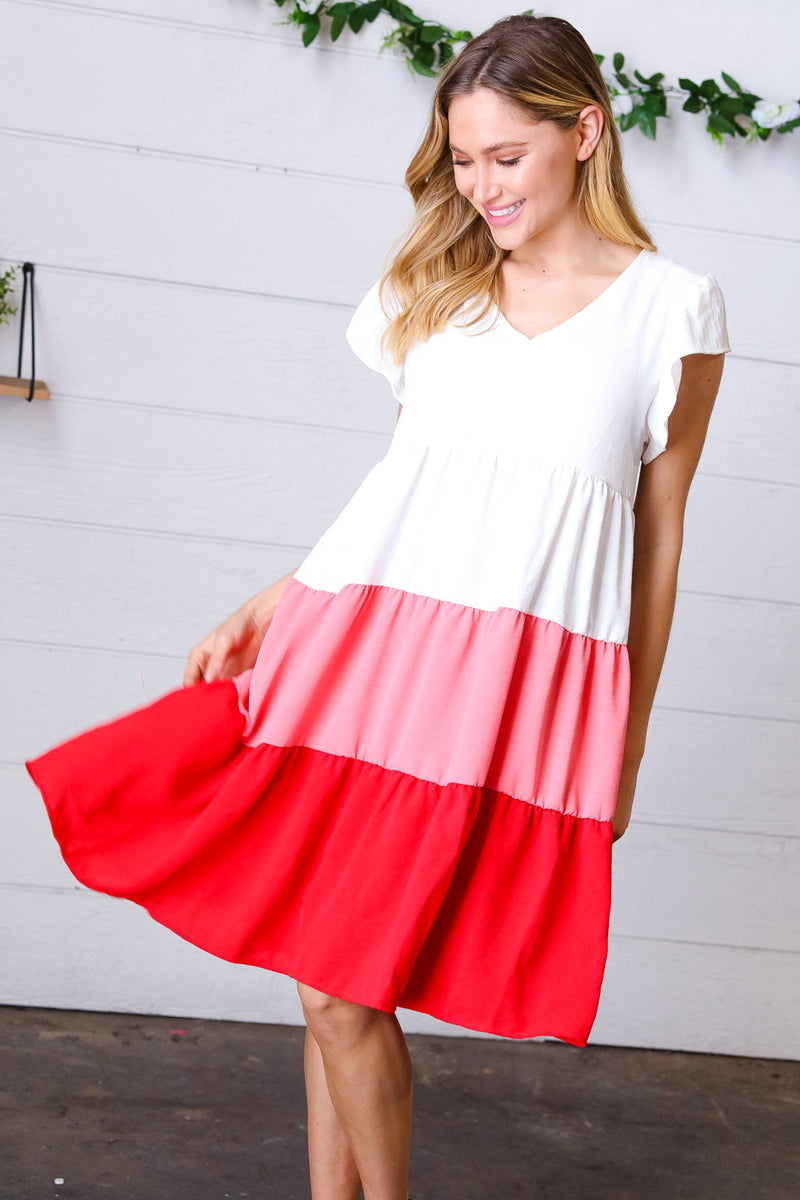Peach & Cherry Red Tiered Frill Sleeve Midi Dress - Maple Row Boutique 