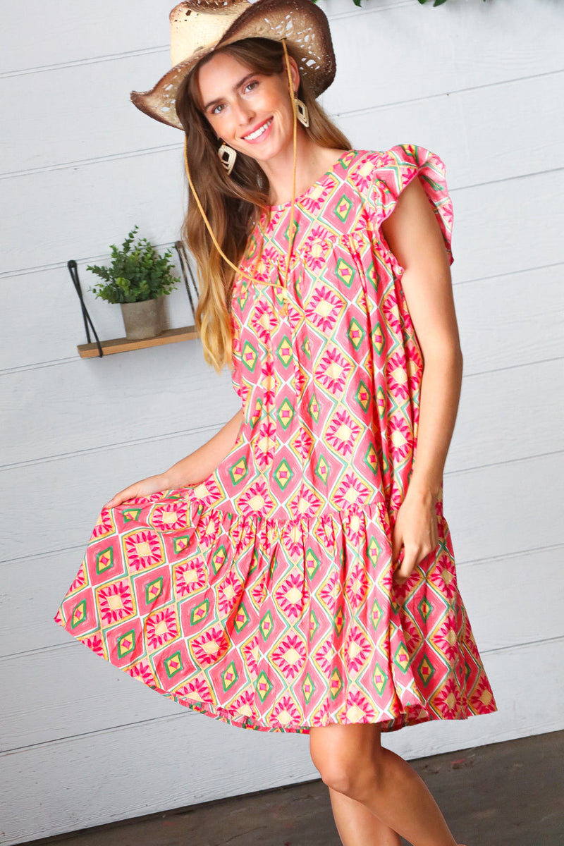 Coral Geo Boho Print Yoke Poplin Woven Dress - Maple Row Boutique 