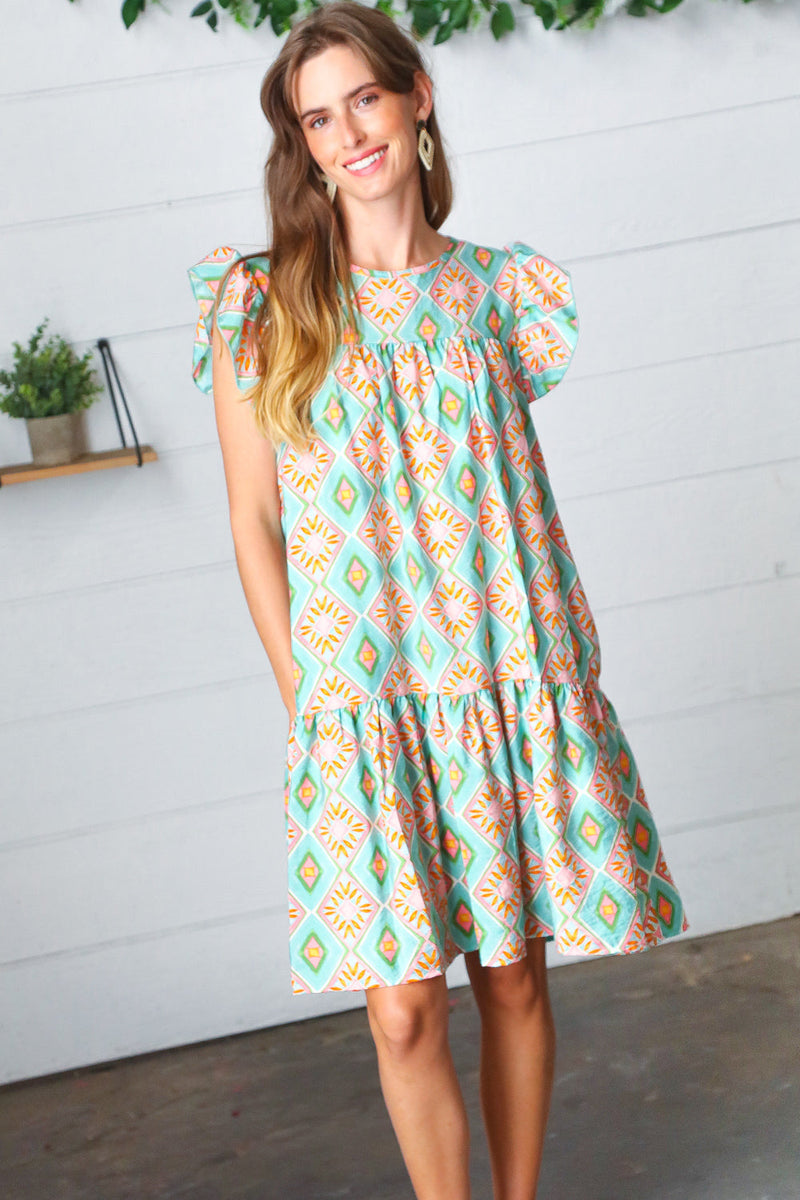 Mint Geo Boho Print Yoke Poplin Woven Dress - Maple Row Boutique 