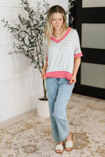 Dressed to Chill V-Neck Top in Heather/Grey/Ivory/Pink - Maple Row Boutique