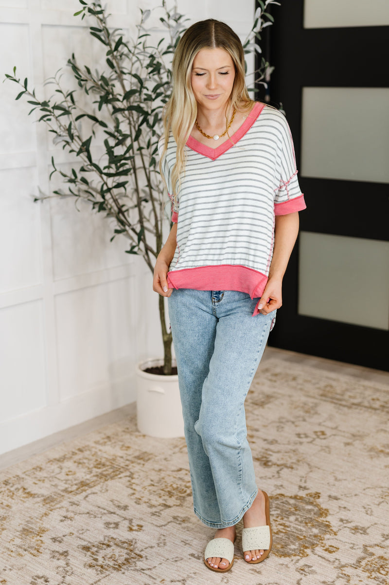 Dressed to Chill V-Neck Top in Heather/Grey/Ivory/Pink - Maple Row Boutique