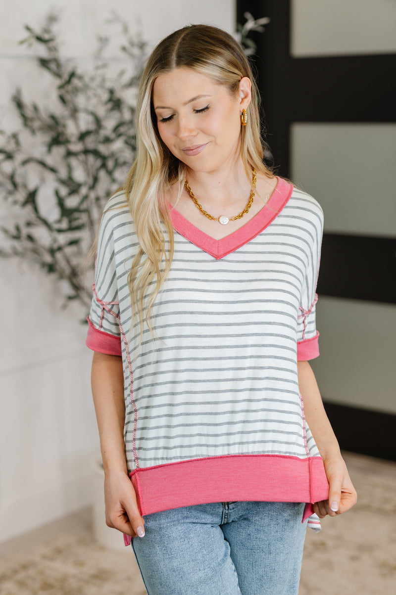 Dressed to Chill V-Neck Top in Heather/Grey/Ivory/Pink - Maple Row Boutique