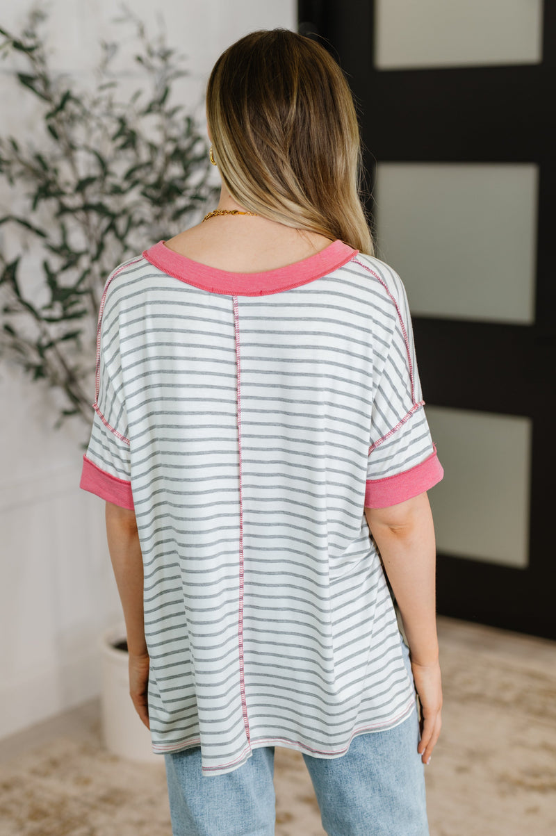 Dressed to Chill V-Neck Top in Heather/Grey/Ivory/Pink - Maple Row Boutique