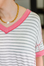 Dressed to Chill V-Neck Top in Heather/Grey/Ivory/Pink - Maple Row Boutique