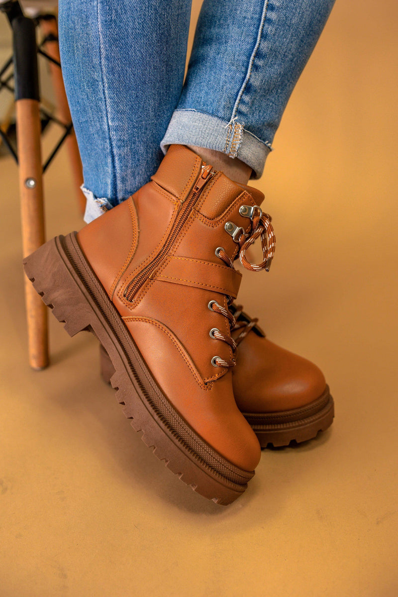 Pat Lace Up Bootie in Camel - Maple Row Boutique 