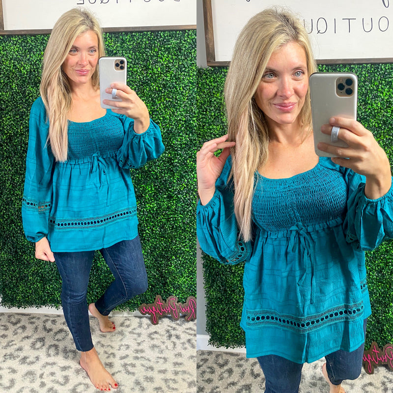 Smocked Blouse In Spanish Turquoise - Maple Row Boutique 