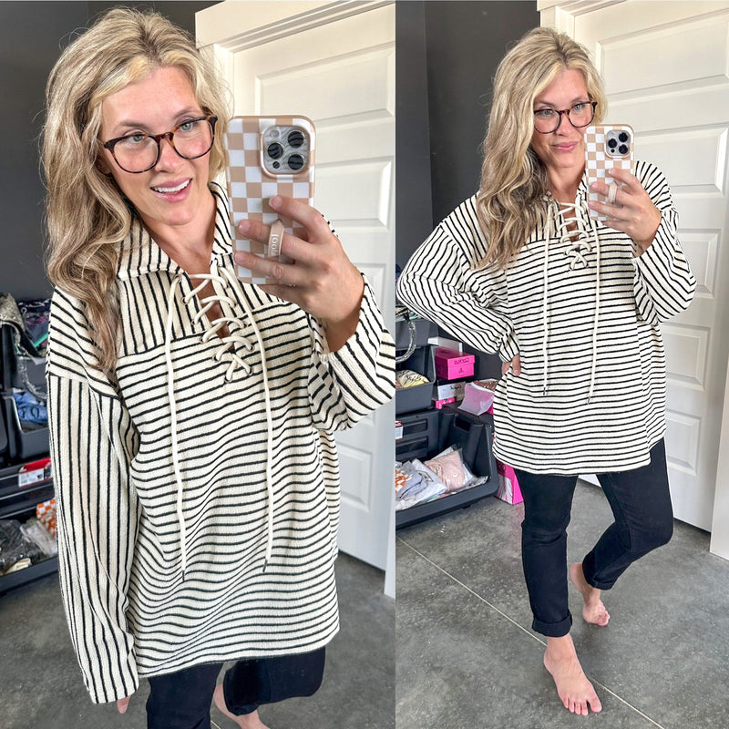 Oversized Lace Up Front Sweater In Ivory & Black Stripes - Maple Row Boutique 
