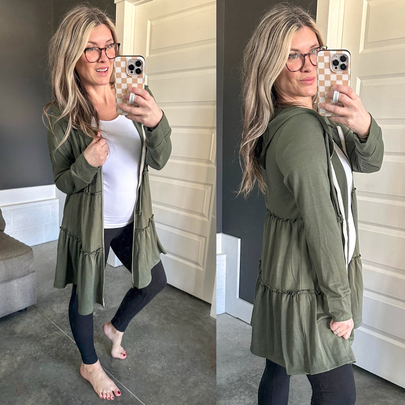 Tiered Zipper Sweatshirt Tunic In Olive - Maple Row Boutique 