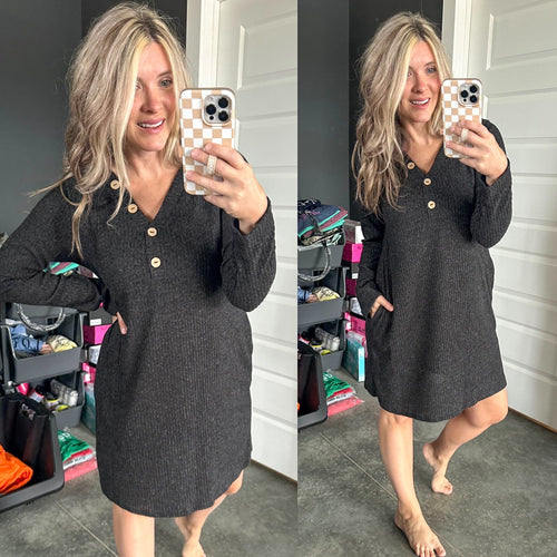 Soft Decorative Button Front Dress In Charcoal - Maple Row Boutique 