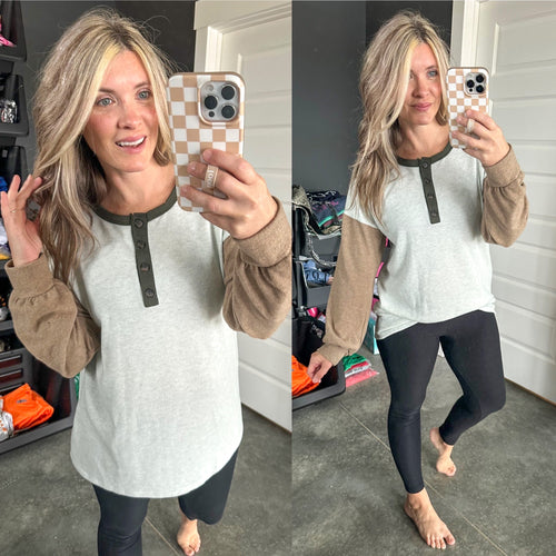 Fleecy Button Front Henley Top In Heathered Grey & Olive - Maple Row Boutique 