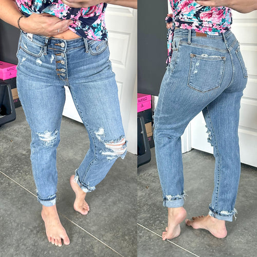 High Waisted Button Fly Distressed Boyfriend Judy Blue Jeans - Maple Row Boutique 