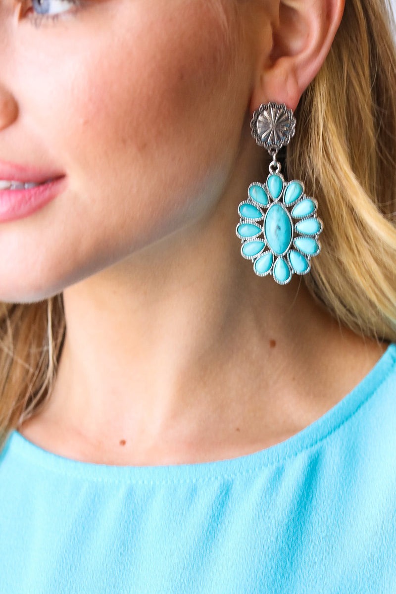 Vintage Style Turquoise Stone Floral Drop Earrings - Maple Row Boutique 