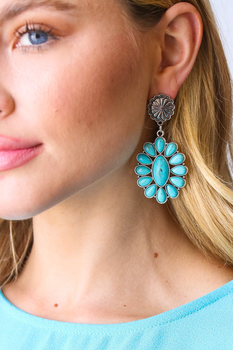 Vintage Style Turquoise Stone Floral Drop Earrings - Maple Row Boutique 