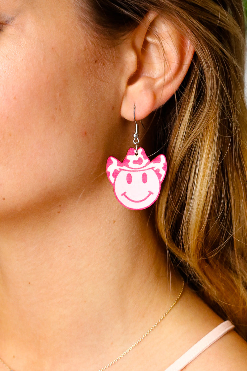 Pink Wooden Western Smiley Face Earrings - Maple Row Boutique 