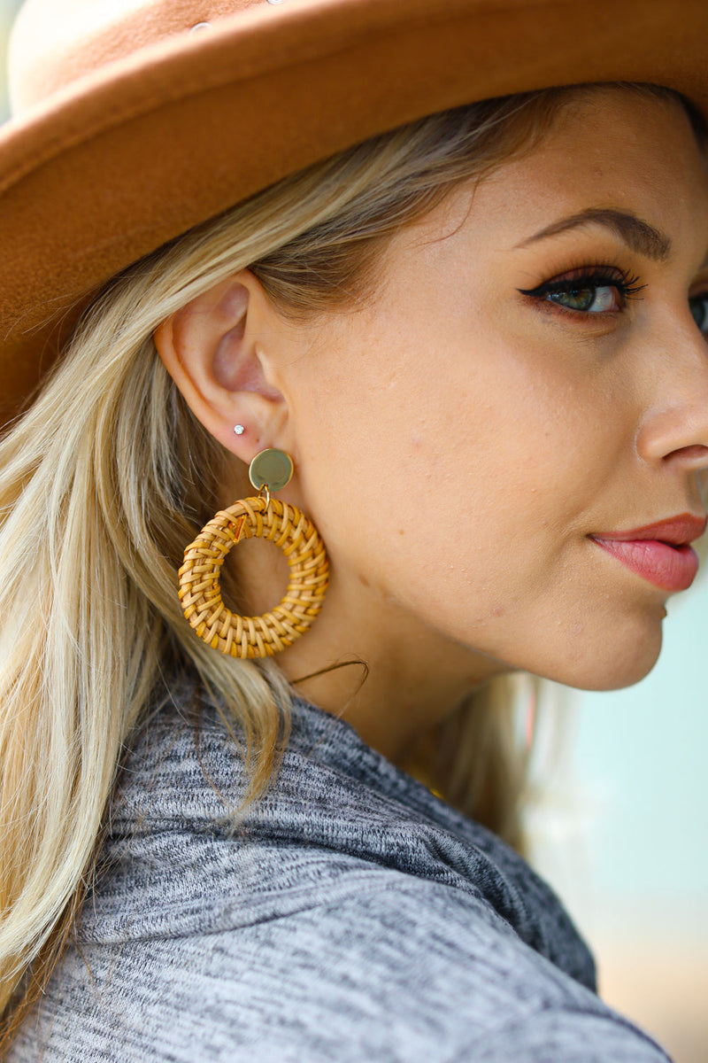 Best of Me Tan & Gold Rattan Circle Earrings - Maple Row Boutique 