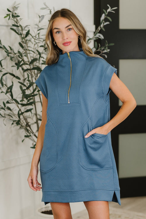 Easy Hustle High Neck Dress in Dusty Blue - Maple Row Boutique
