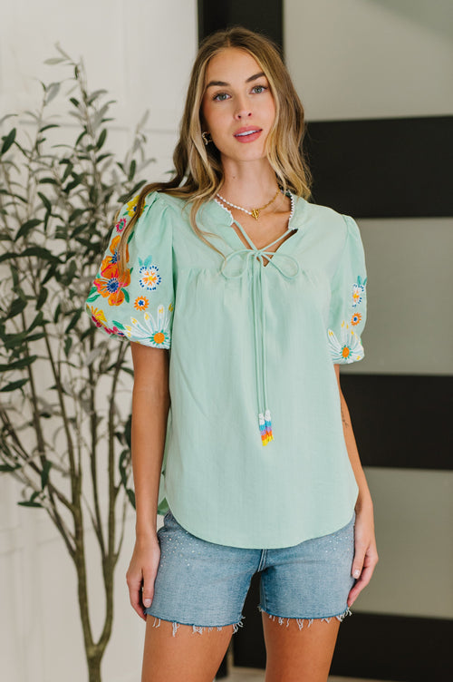 PREORDER: Embroidered Puff Sleeve V-Neck Blouse in Aqua - Maple Row Boutique