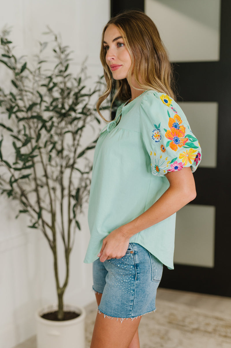 PREORDER: Embroidered Puff Sleeve V-Neck Blouse in Aqua - Maple Row Boutique