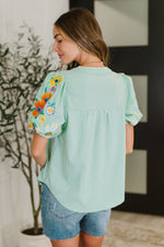 PREORDER: Embroidered Puff Sleeve V-Neck Blouse in Aqua - Maple Row Boutique